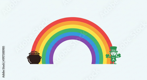 Colorful rainbow with leprechaun and pot of gold on white background symbolizing good luck and st patrick's day celebration