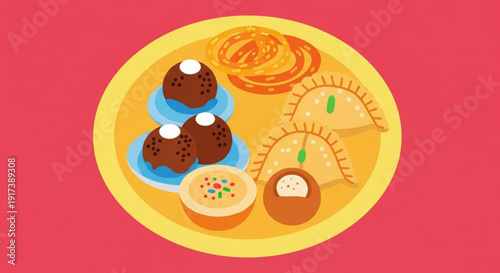 Assorted indian desserts and snacks on a yellow plate against a red background
