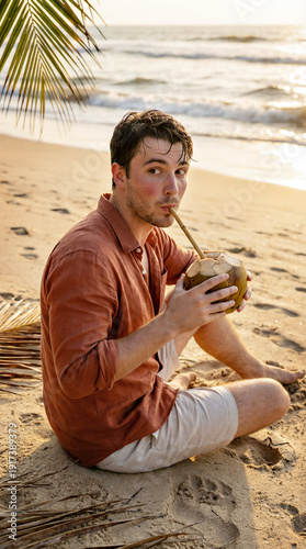 Man relaxing on beach with coconut water. Caucasian person enjoying tropical drink during vacation. Summer holiday and travel concept.