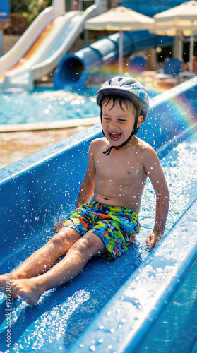 Young boy sliding down a blue water slide at an aquapark. Happy child enjoying summer vacation at a water theme park. Fun activity.