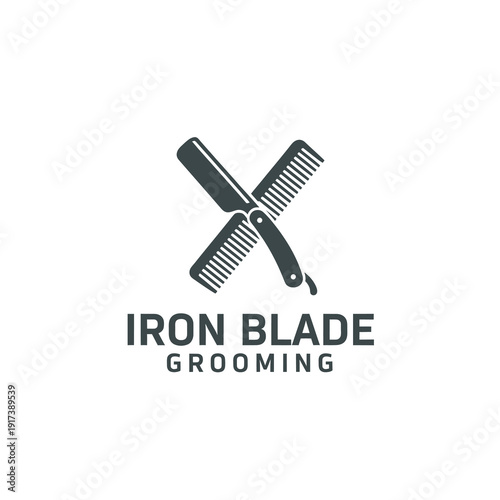 Logo design with two crossed grooming combs and scissors, emphasizing personal care, minimalist, monochrome