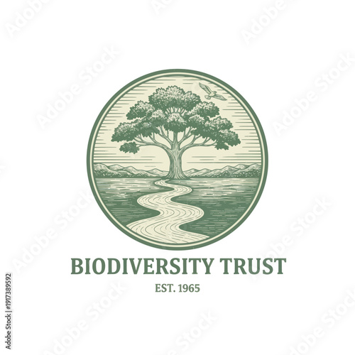 A detailed emblem featuring a large tree with sprawling branches, a river winding front, mountainous background, and a bird flying overhead