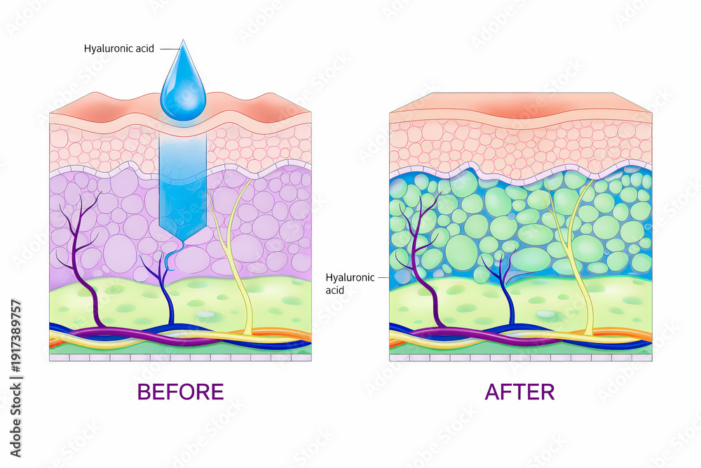 Obraz premium Mechanism illustration of hyaluronic acid injection (cross-sectional view of the skin)