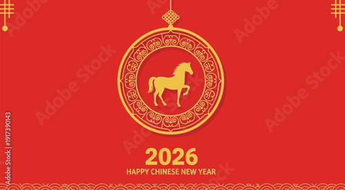 2026 Chinese New Year Horse Vector, Red and Gold Lunar New Year Zodiac Horse Illustration