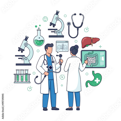 Doctors analyzing medical scan and laboratory equipment, healthcare concept