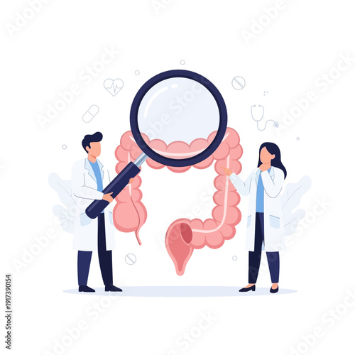 Doctors examine large intestine with magnifying glass, medical research concept