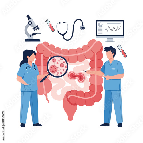 Doctors examining human colon with microscope and medical equipment, healthcare concept