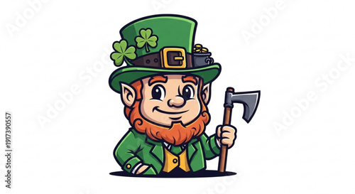 Smiling leprechaun in green coat holding axe on white background for st patrick's day