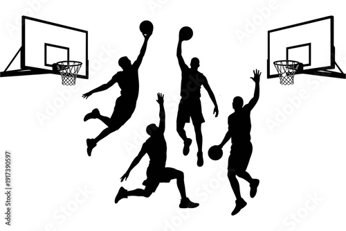 A black silhouette illustration of basketball players in action on a court