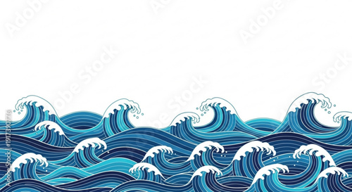 Ocean waves crash in a stylized illustration with shades of blue and white evoking a sense of dynamic movement and energy