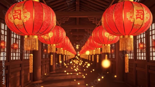 Chinese New Year A stunning video showcasing a long corridor adorned with vibrant red lanterns in a traditional Chinese architectural setting