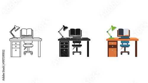 Three different office desks with computers and lamps Vector