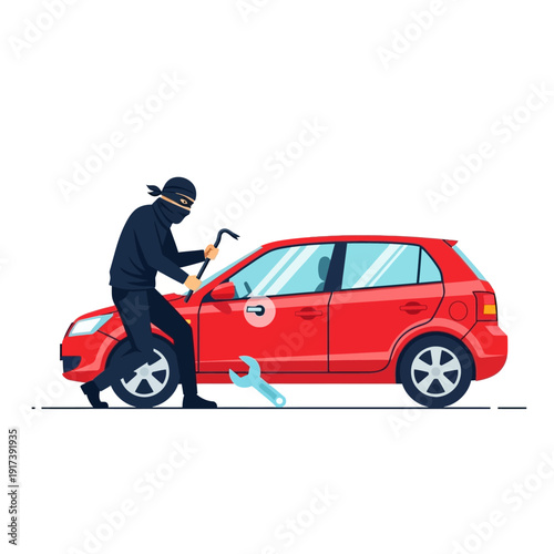 Car thief breaking into a red car with a crowbar, crime and security concept