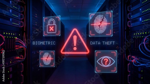 Cybersecurity threat alert with biometric and data theft icons.