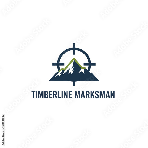 Mountain with green peak within crosshairs, text below in blue. White background, clean design