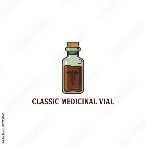 Hand-drawn illustration of an old-fashioned glass medicine vial with a cork stopper, containing a brown liquid, and a medical caduceus symbol on the front, with ?Classic Medicinal Vial? text beneath