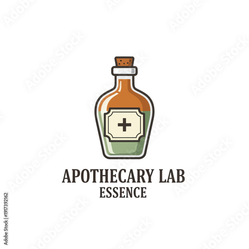 Small potion bottle with cork, labeled with a medical cross, containing a green-tinted liquid, embodying herbal remedies