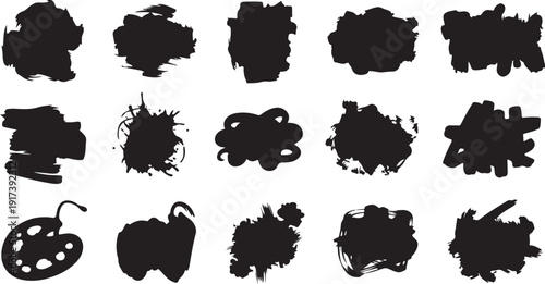 Collection of black paint splatters and artistic brush strokes