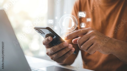 Customer support interaction via mobile phone with holographic chat and headset icons visible