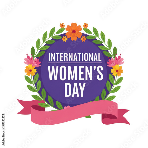 International women's day badge with flowers isolated on transparent background