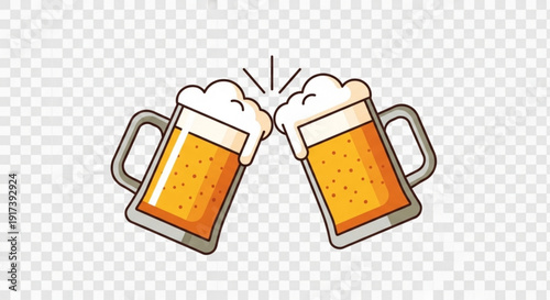 Two beer mugs clinking together with frothy heads in a celebratory toast on transparent background