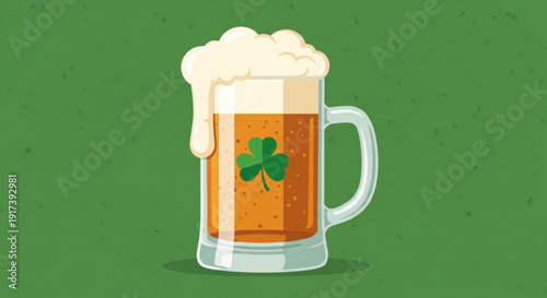 Frothy beer mug with shamrock on st patrick's day green background festive drink
