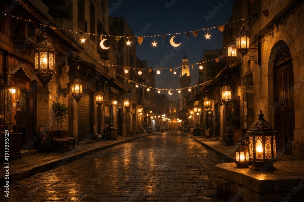 Fototapeta premium Traditional lanterns and crescent moon decorations glowing on empty street during Ramadan evening