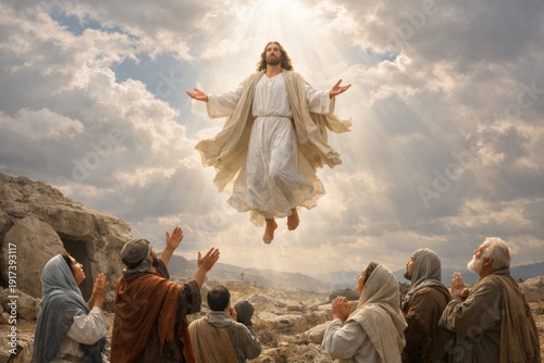 Jesus Christ ascends into heaven in rays of light as followers pray on rocky hill under dramatic sky