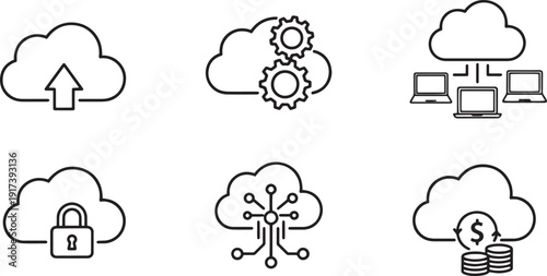 A set of vector line art illustrations depicting cloud computing and storage concepts in silhouette mode