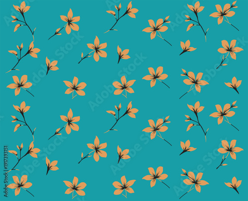A seamless floral pattern on teal features gold five petal blooms with dark brown centers and delicate branches, evenly scattered in a light, airy, stylized repeat design