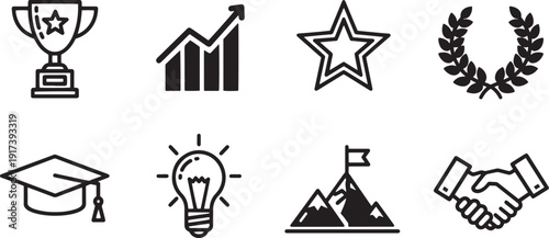 A set of vector line art icons featuring business and achievement symbols in silhouette mode