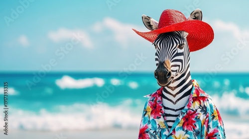 Zebra in red straw hat and floral shirt standing upright on tropical beach with ocean and blue sky behind
