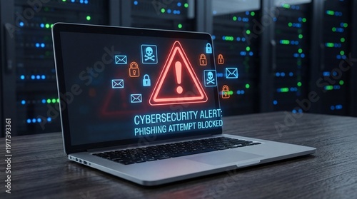 Cybersecurity Alert on Laptop Screen: Phishing Attempt Detected in Data Center.
