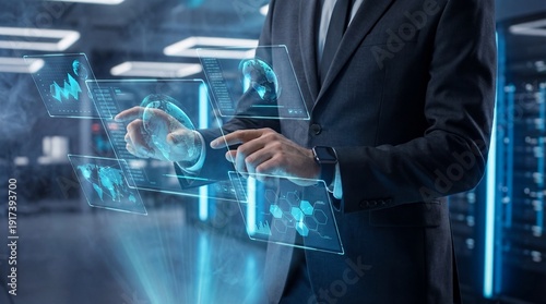 Futuristic technology concept: Businessman interacting with holographic interface in server room.