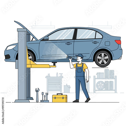 Mechanic inspecting car on lift with flashlight in auto repair shop