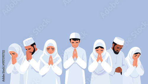 Diverse group of Muslim people standing in row praying in white clothes
