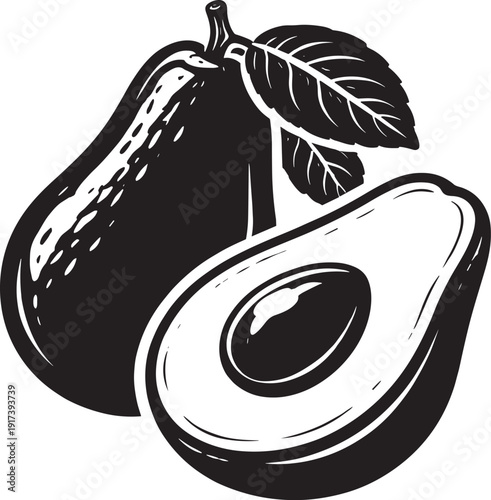 Avocado vector illustration with textured skin and leaves black silhouette on background