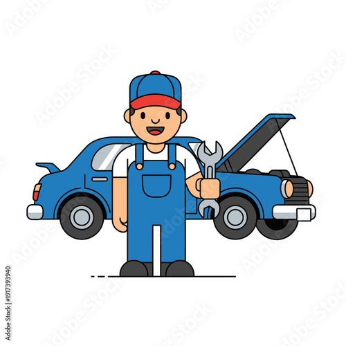 Happy Mechanic Holding Wrench Near Blue Car with Open Hood