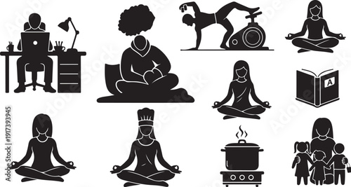 Black silhouettes of people in various yoga poses and activities