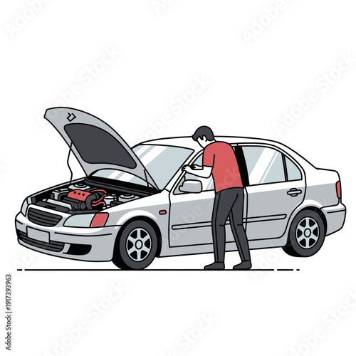 Man inspecting car engine under open hood, auto repair, maintenance, mechanic, vehicle service
