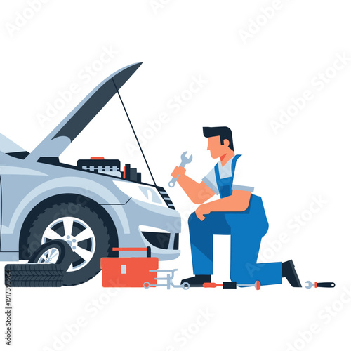 Mechanic fixing car engine with tools, auto repair service, car maintenance, workshop concept