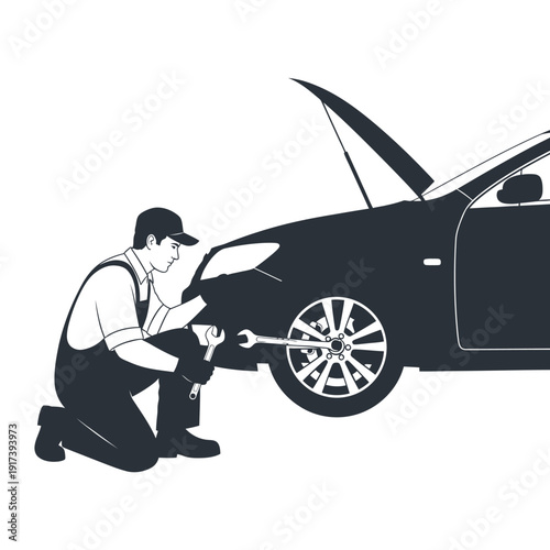 Mechanic fixing car wheel, auto repair service, car maintenance, workshop, professional technician
