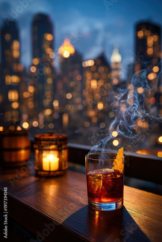 Boulevardier cocktail with cigar smoke at rooftop bar overlooking city skyline at dusk
