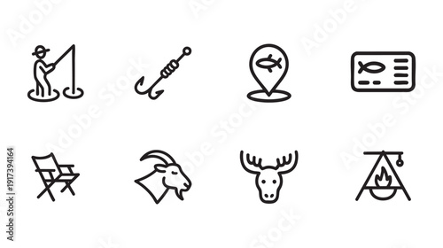 Camping and Fishing Line Icons – Outdoor Recreation, Wildlife, Campfire, Fishing Gear