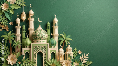 Paper‑Cut Islamic Mosque Illustration Ramadan and Eid Celebration with Lanterns, Palm Trees, and Crescent Moons