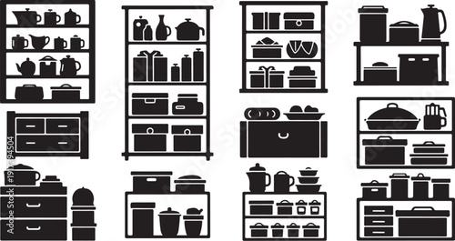 Kitchen Utensils and Appliances Icon Set in Black Silhouette