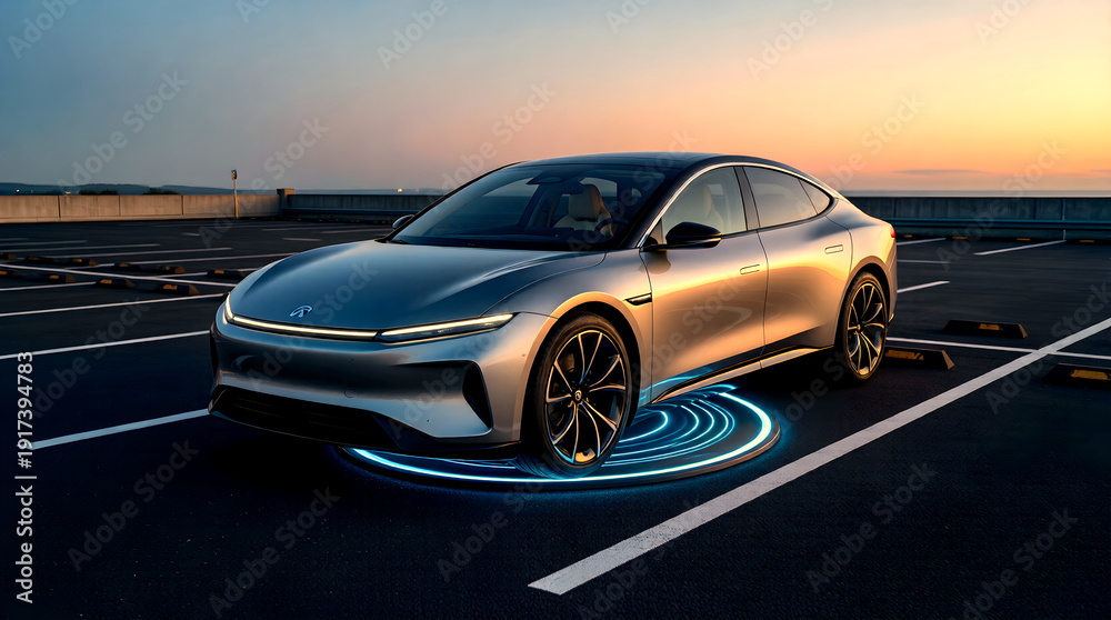 Fototapeta premium Wireless EV charging pad with electric car at twilight