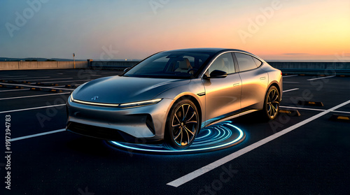 Wireless EV charging pad with electric car at twilight