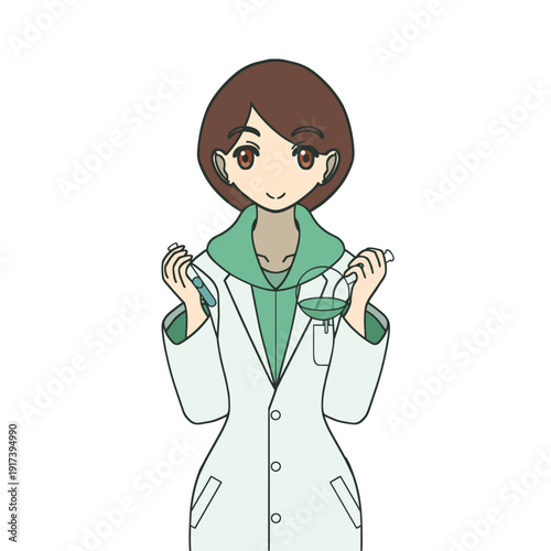試験管とフラスコを持つ女性化学者のイラスト 科学実験