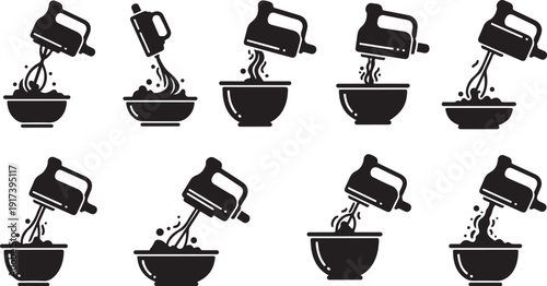 Black and white mixer illustrations in various positions sequence